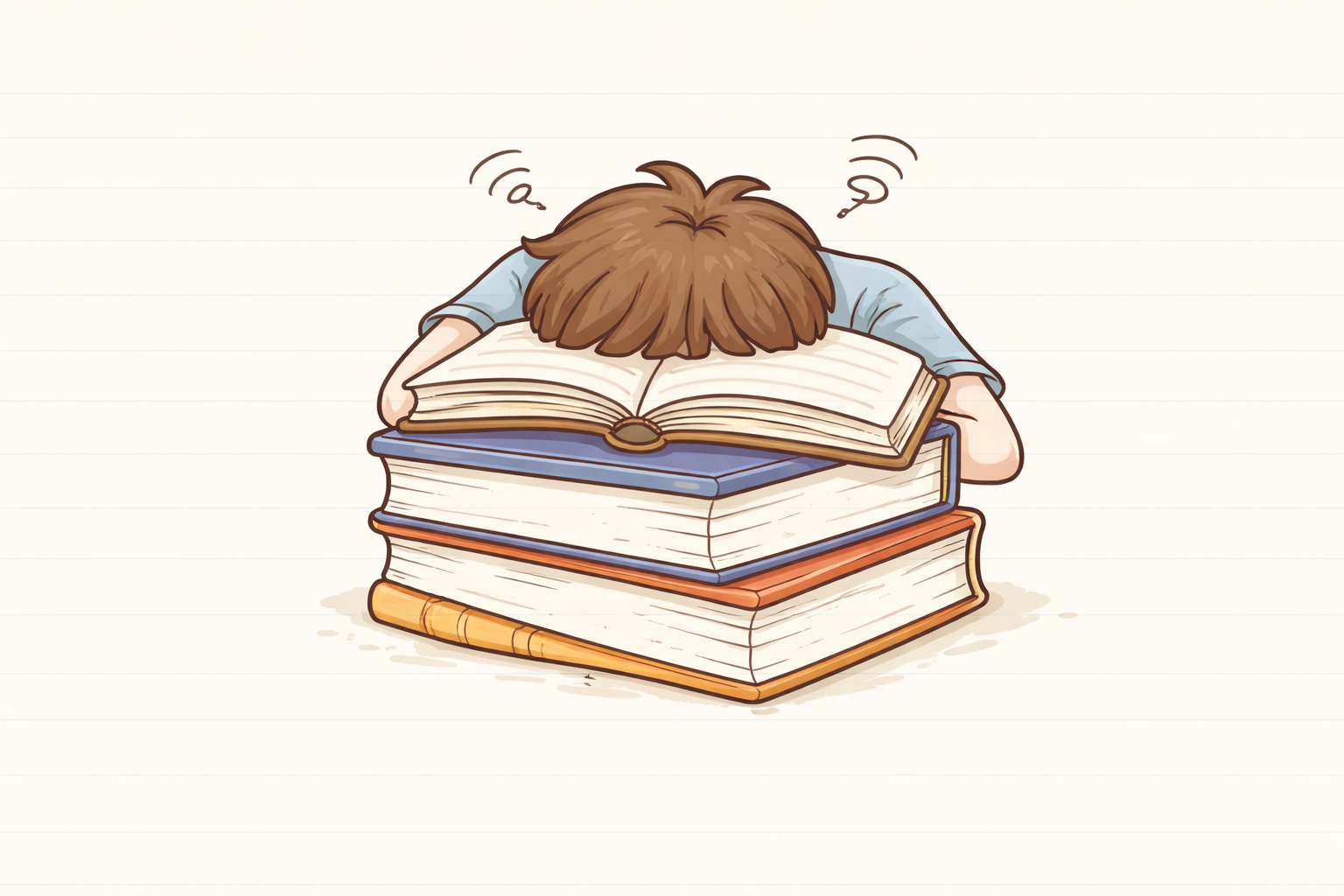 Student tired and resting head on textbooks